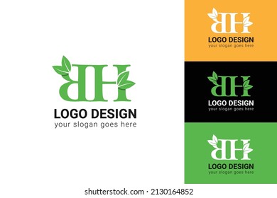 BH letters eco logo with leaf. Vector typeface for nature posters, eco friendly emblem, vegan identity, herbal and botanical cards etc. Ecology BH letters logo with green leaf.