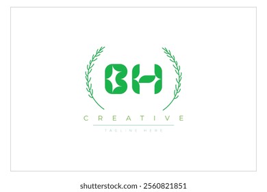 BH letters eco logo with leaf. Fresh nature and healthy leaf logo design.