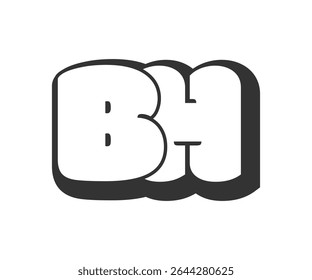 BH logo, bubble comic lettering, rounded in graffiti style black and white silhouette. Trendy preschool B and H letter text for festival party, personal initials, children funky print and web.