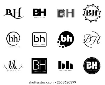 Modelo da empresa de logotipo BH. Letra b e logotipo h. Defina diferentes letras serifas clássicas e texto em negrito moderno com elementos de design. Tipografia inicial da fonte. Coleção de identidade de negócios na moda.
