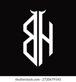 BH Logo-Monogramm mit Hornform, einzelne schwarz-weiße Designvorlage auf schwarzem Hintergrund