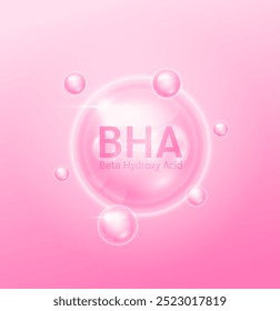 BHA Beta Hidroxiácido solução rosa. Rosto de cuidados da pele do soro para anúncios de cosméticos. Ciências da beleza médica. Vetor EPS10.