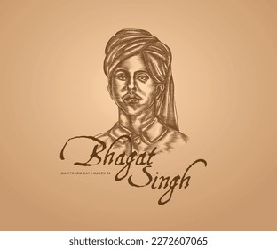 Bhagat Singh Martyrs day poster with his illustration in engraving style.