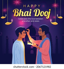 Bhai Dooj, Hindu festival which celebrates the love between a brother and sister. Sister applying Tika on forehead of brother.  