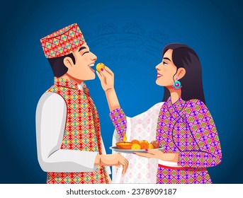 Bhai Tika or Bhai Tihar is a festival in Nepal, celebrated during the Tihar festival. Vector of brother and sister in Nepali ethnic cloth celebrating Bhai Tika