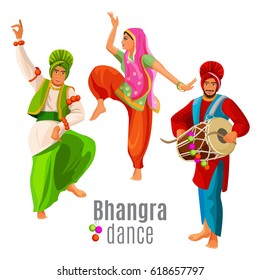Bhangra dance concept men and woman in national cloth dancing