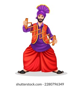 A Bhangra dancer performing with the Bhangra Scissor Saap. Wearing ethnic Punjabi cloth. Sikh Punjabi man dancing folk dance bhangra on occasion like Lohri or Baisakhi.