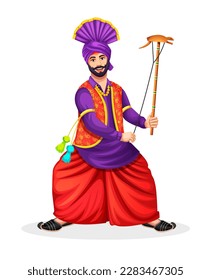 A Bhangra dancer performing with the string of Kato. Wearing ethnic Punjabi cloth. Sikh Punjabi man dancing folk dance bhangra on occasion like Lohri or Baisakhi.