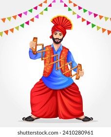 A Bhangra dancer performs folk dance. Wearing ethnic Punjabi clothes. Sikh Punjabi man dancing folk dance bhangra on occasion like Lohri or Baisakhi