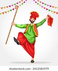 A Bhangra dancer performs folk dance with Punjabi bhangra prop khunda or daang. Wearing ethnic Punjabi clothes. Sikh Punjabi man dancing folk dance bhangra on occasion like Lohri or Baisakhi