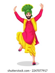 Bhangra dancers in national cloth representing folk dance. vector illustration isolated on white. Young man showing a dance step. Punjabi man doing dance step with hand gestures. playing lohri dance.