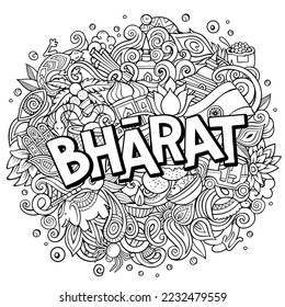 Bharat hand drawn cartoon doodles illustration. Funny travel design. Creative art vector background. Handwritten text with elements and objects. Sketchy composition