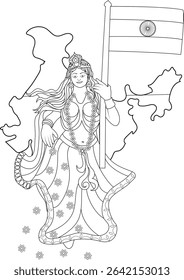 Bharat Mata with Indian Flag and Map Outline, Outline drawing of Bharat Mata, the personification of India as a goddess, holding the Indian tricolor flag. The figure is superimposed on a line art