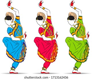 Bharatnatyam dancer with three color graphic color art.