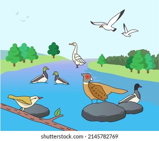 The Bharatpur Bird Sanctuary landscape map contains many wetland illustration set wrappers, wallpapers, country. Vector drawing. Hand drawn style.