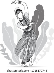 Bhartnatyam dance form in tamilnadu graphic trendy illustration black and white art.