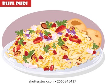 Bhel Puri Chaat Plate with Puffed Rice, Papdi, Sev, Roasted Peanuts, Tomatoes, Onions, Pomegranate Arils and Cilantro. Popular Indian Bombay Street Food Illustration