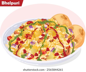 Bhel Puri Chaat. Puffed Rice, Cubed Boiled Potatoes, Tomatoes, Onions and Roasted Peanuts with Sev, Pomegranate, Papdi, Cilantro, Green and Tamarind Chutney Garnish. Indian Street Food Illustration