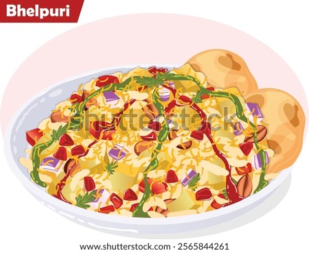Bhel Puri Chaat. Puffed Rice, Cubed Boiled Potatoes, Tomatoes, Onions and Roasted Peanuts with Sev, Pomegranate, Papdi, Cilantro, Green and Tamarind Chutney Garnish. Indian Street Food Illustration