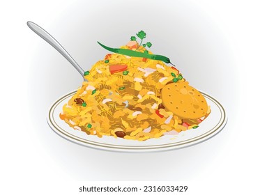 Bhelpuri is a snack or chaat. It is made out of puffed rice, vegetables. 
Indian street Food Vector.