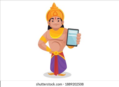 Bhima is showing a mobile phone. Vector graphic illustration. Individually on a white background.