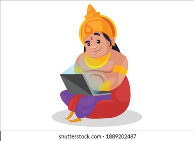 Bhima is working on a laptop. Vector graphic illustration. Individually on a white background.