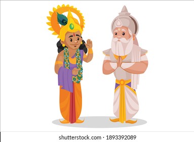 Bhishma Pitamaha is standing with greet hands and lord Krishna giving the blessing to him. Vector graphic illustration. Individually on a white background.