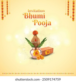 Bhoomi Pooja Invitation, laying of foundation stone, New Start, Real Estate, Construction Concept. Kalash, Shubh, Floral Etc, Vector Design editable Layered 