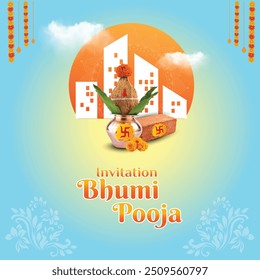 Bhoomi Pooja Invitation. Real Estate, New Construction. Laying of Foundation Stone. Traditional Indian Invitation Vector Design Template