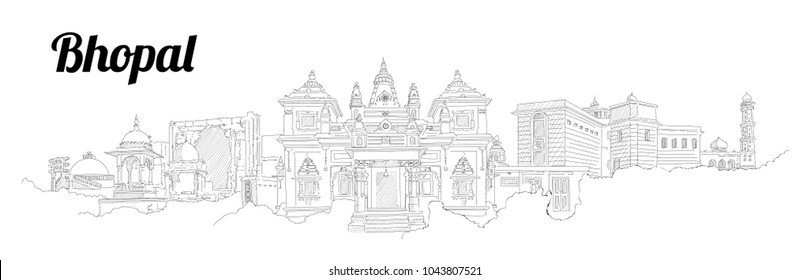 Dibujo a mano panorámica del vector ciudad BHOPAL