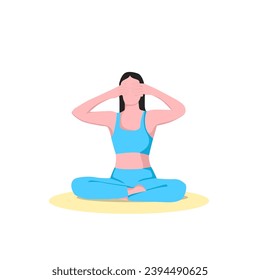 Bhramari Pranayama (Bee Breath).Young woman practicing yoga.flat vector illustration.