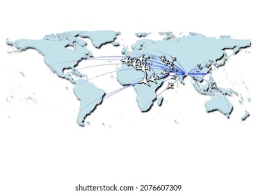 Bhubaneswar-India in concept vector illustration, map showing flights from Bhubaneswar-India to major cities around the world.