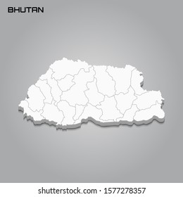 Bhutan 3d map with borders of regions. Vector illustration