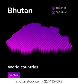 Bhutan 3D map. Stylized neon digital isometric striped vector Bhutan map is in violet and pink colors on the black background