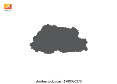 Bhutan black shadow map isolated on white background with Bhutan icon flag on the left corner.