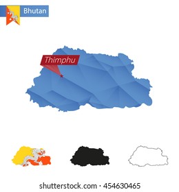 Bhutan blue Low Poly map with capital Thimphu, versions with flag, black and outline. Vector Illustration.
