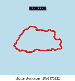Mapa de esquema en negrita de Bután. Borde rojo brillante con sombra suave. Placa de nombre de país. Ilustración vectorial 3D.