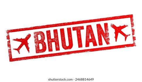 Bhutan, a Buddhist kingdom on the Himalayas’ eastern edge, text emblem stamp with airplane
