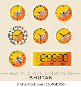 Bhutan clock : Set of national flag clock : Vector Illustration