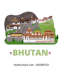 Bhutan country design template. Flat cartoon style historic sight showplace web site vector illustration. World travel Asia collection. Pungthang Dewachen Gi Phodrang Punakha Buddhist Taktshang Goemba