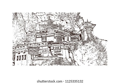 Bhutan, Country in South Asia. Hand drawn sketch illustration in vector.