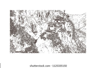 Bhutan, Country in South Asia. Hand drawn sketch illustration in vector.