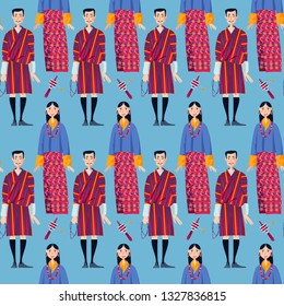 Bhutan. Couple in traditional national clothes. Seamless background pattern. Vector illustration