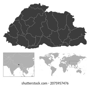 Bhutan - detailed country outline and location on world map. Vector illustration