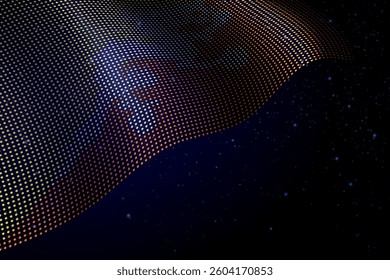 Bhutan digital flag made of dots, waving over a starry dark background