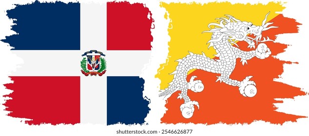 Bhutan and Dominican Republic grunge flags connection, vector