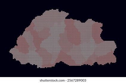 Bhutan dotted map. Digital style map of the country on dark background. Bhutan shape with circle dots. Colored dots style. Small size circles. Simple vector illustration.