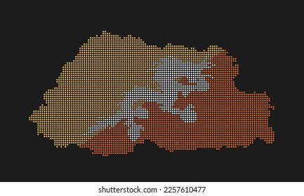 Bhutan dotted map flag with grunge texture in mosaic dot style. Abstract pixel vector illustration of a country map with halftone effect for infographic. 