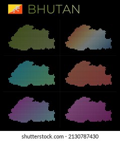 Mapa punteado de Bután. Mapa de Bután con un estilo punteado. Las fronteras del país están llenas de hermosos círculos de gradientes lisos. Auténtica ilustración vectorial.