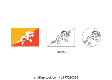 Bhutan flag 3 versions, Vector illustration, Thin black line of rectangle and the circle on white background.